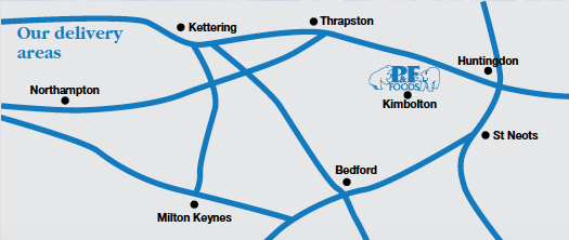 Service area map showing Northampton, Kettering, Milton Keynes, Thrapston, Bedford, Kimbolton, Huntingdon and St Neots